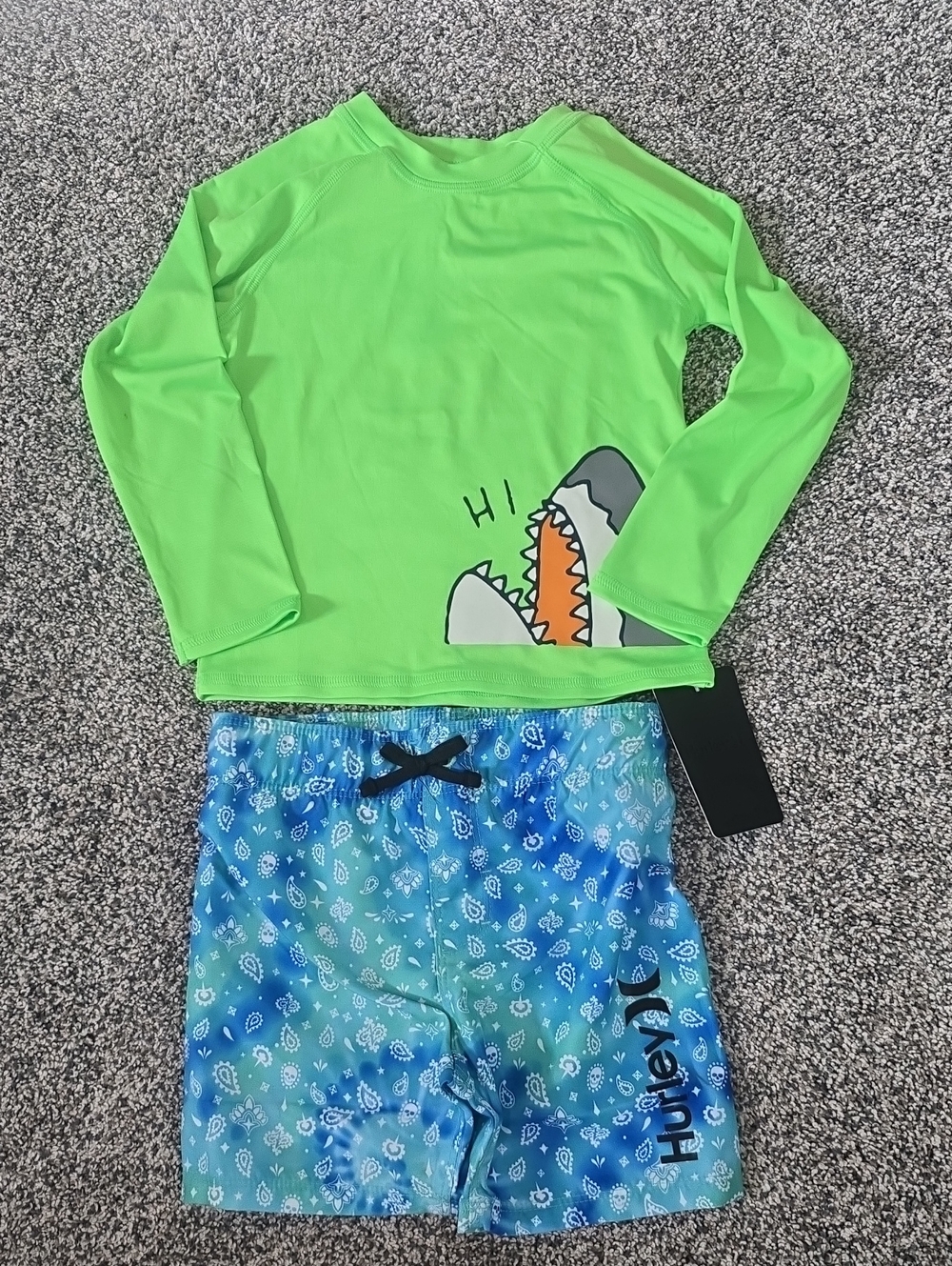 Hurley Blue Paisley Swim Trunks Old Navy Neon Green Shark Rash Guard Set